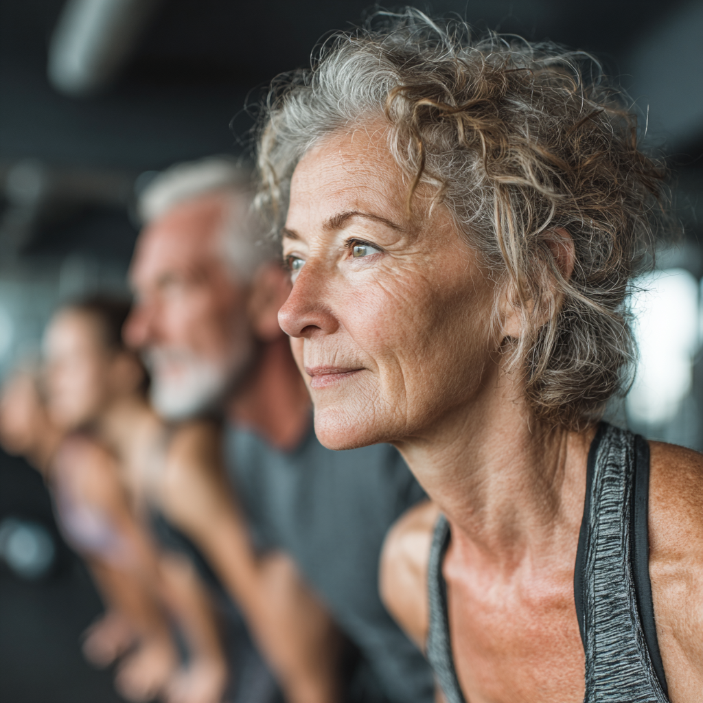 Група людей віком 50-60 років виконує різноманітні вправи в просторому фітнес-залі під керівництвом досвідченого тренера