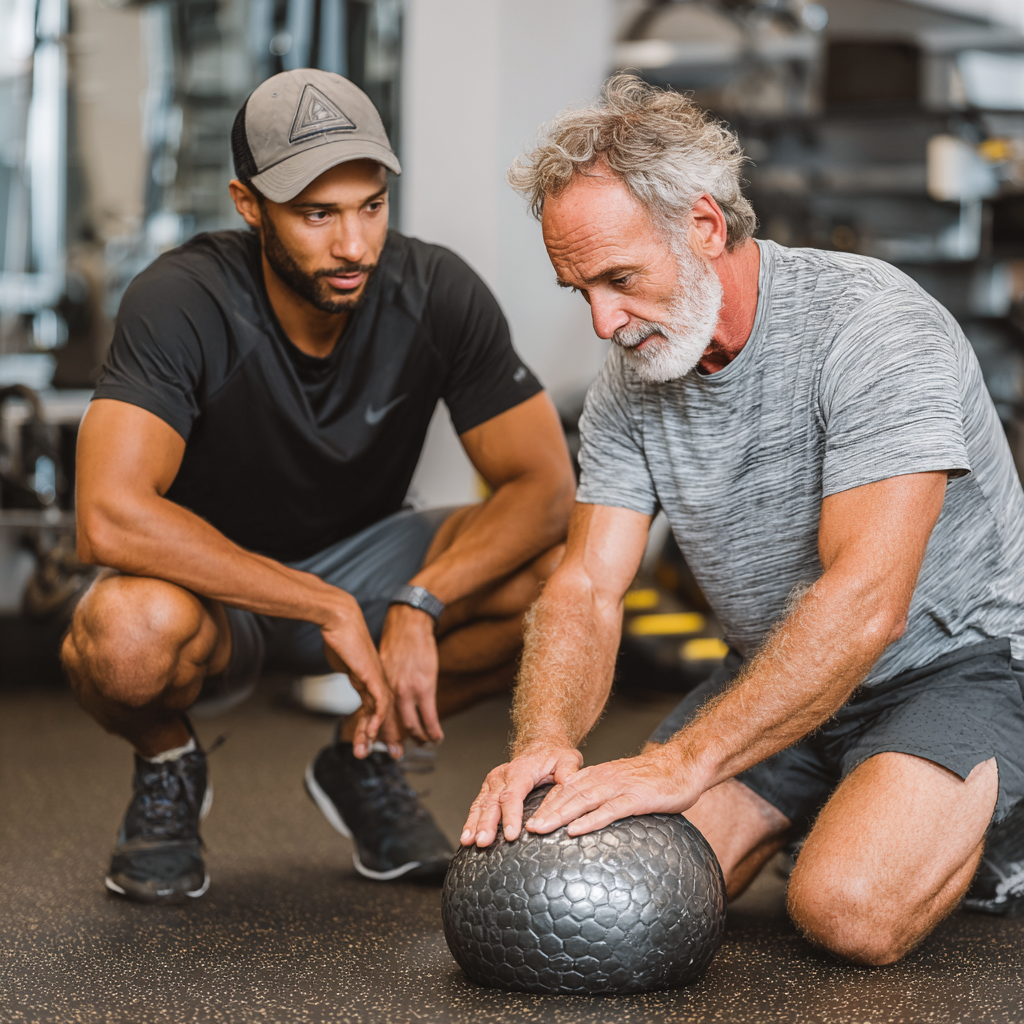 Персональний тренер працює один на один з чоловіком 60 років, демонструючи правильну техніку виконання вправи в комфортній атмосфері залу