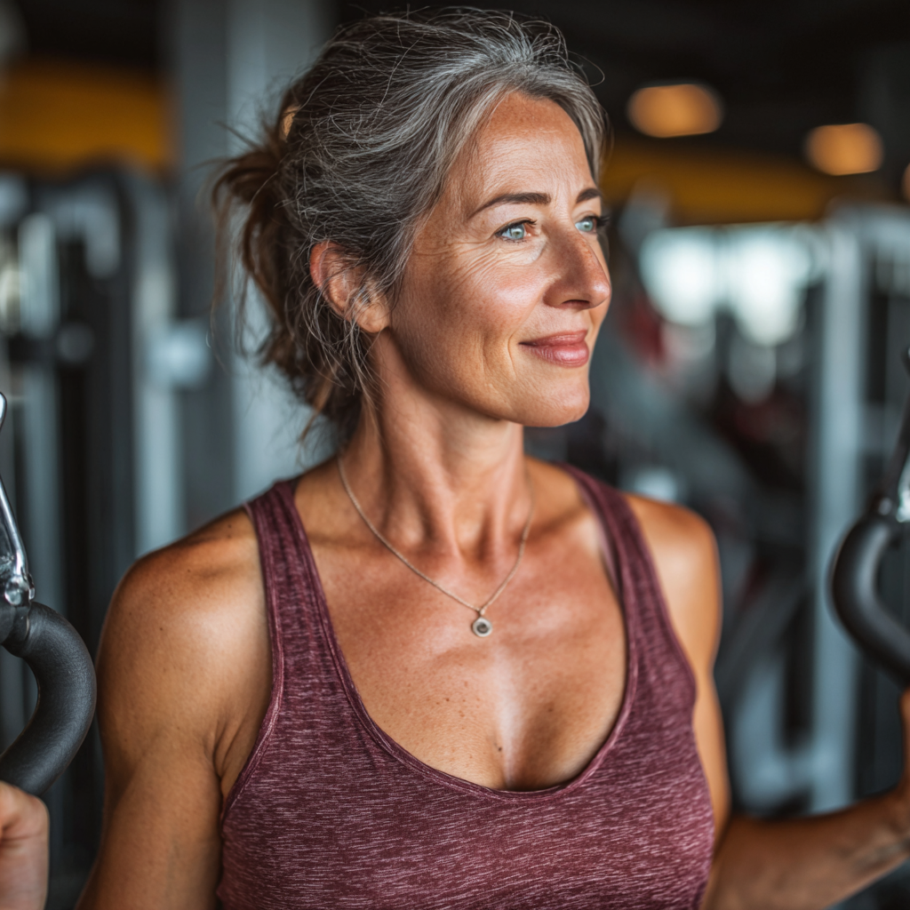 Активна жінка 55 років виконує функціональні вправи в сучасному фітнес-залі, посміхається та демонструє відмінну фізичну форму