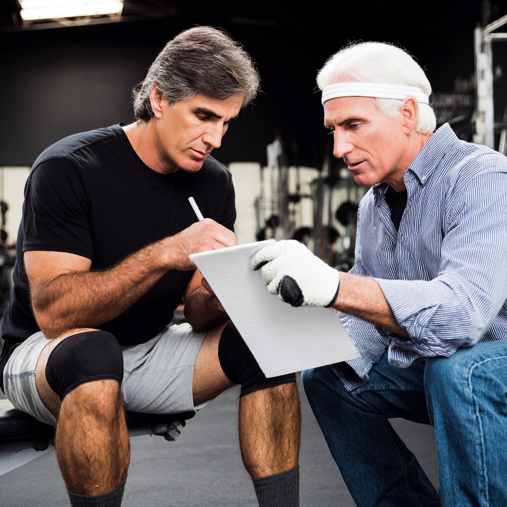 Новачок середнього віку разом з тренером ознайомлюється з тренажерним залом, отримує індивідуальні поради та готується до першого тренування